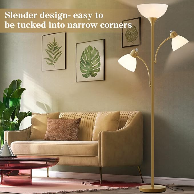 Luvkczc Torchiere Floor Lamps for Living Room, 3 Light Tree Floor Lamp, Gold Modern Tall Standing Lamps, Industrial Bright Floor Lamp for Bedroom, Office, Dresser, 3 LED Bulbs Included - LeafyLoom