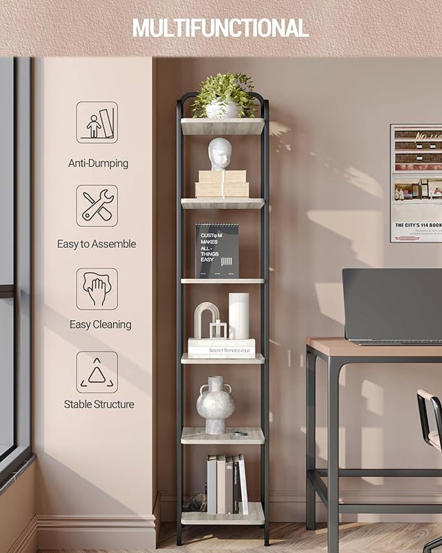 Bookcase Bookshelf, Narrow Book Shelf, Industrial Coner Shelf Storage Organizer, Slim Shelving Unit for Home Office, Living Room, Bedroom, Kitchen, 6-Tier Greige BC24605B - LeafyLoom