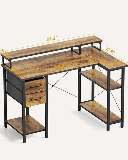 CubiCubi L Shaped Computer Desk with Monitor Stand & Shelves, 47 Inch Corner Home Office Desk Writing Table with Storage Drawer, Brown - LeafyLoom