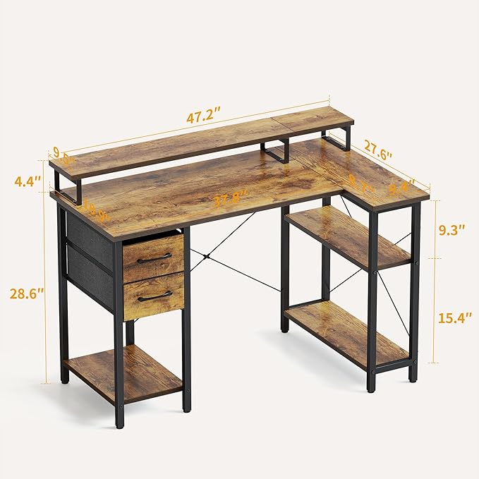 CubiCubi L Shaped Computer Desk with Monitor Stand & Shelves, 47 Inch Corner Home Office Desk Writing Table with Storage Drawer, Brown - LeafyLoom