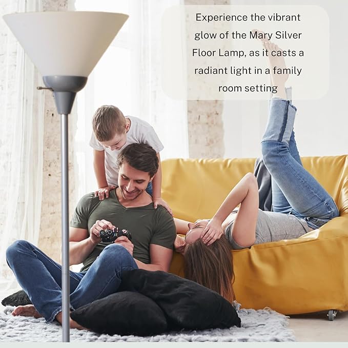 Stand Up Floor Lamp in Silver - Stylish and Functional Torchiere with Opal White Cone Shade, 70-Inch Tall Lamp Ideal for Living Rooms and Bedrooms - Contemporary Floor Lamps for Living Room - LeafyLoom