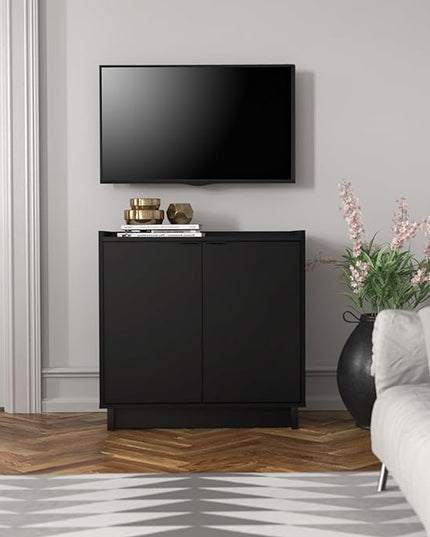 Prepac Simply Modern 2 Console Table Doors and Shelves, Buffet Cabinet with Storage, 30.75" W x 30" H x 16" D, Black - LeafyLoom