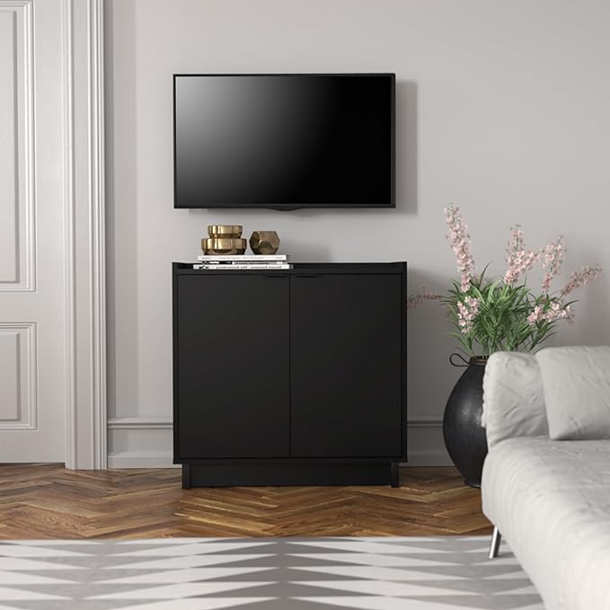 Prepac Simply Modern 2 Console Table Doors and Shelves, Buffet Cabinet with Storage, 30.75" W x 30" H x 16" D, Black - LeafyLoom