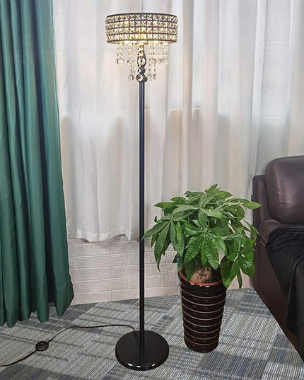 Modern K9 Clear Glass Crystals Floor Lamp with 3 LED Bulbs, Crystal & Glass 3-Lights Black Standing Light, Reading Corner Lamp for Living Room Bedroom - LeafyLoom