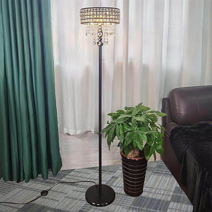 Modern K9 Clear Glass Crystals Floor Lamp with 3 LED Bulbs, Crystal & Glass 3-Lights Black Standing Light, Reading Corner Lamp for Living Room Bedroom - LeafyLoom