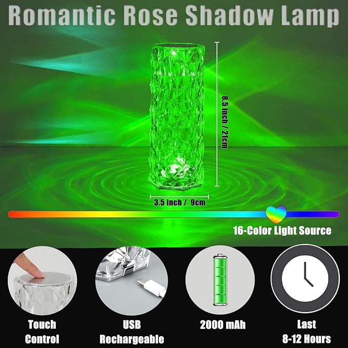 2 Pack Crystal Table Lamp (Touch & Remote), RGB 16 Colors Changing Lamp, Rechargeable Crystal Lamp, Rose Diamond Night Light, for Bedroom/Party/Dinner/Decoration - LeafyLoom