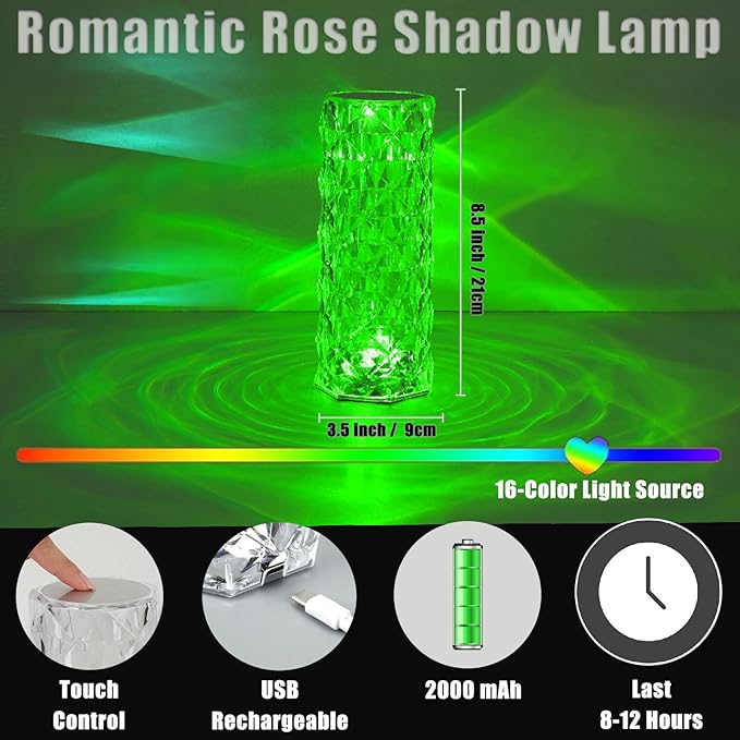 Crystal Table Lamp (Touch & Remote), RGB 16 Colors Changing Lamp, Rechargeable Crystal Lamp, Rose Diamond Night Light, for Bedroom/Party/Dinner/Decoration - LeafyLoom