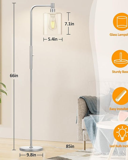 Stepless Dimmable Floor Lamps with Glass Lampshade Modern Standing Lamps with 6W LED Bulb Bright Corner Lamp Tall Pole Lamps for Living Room Bedroom Office Study Room Farmhouse, Silver - LeafyLoom