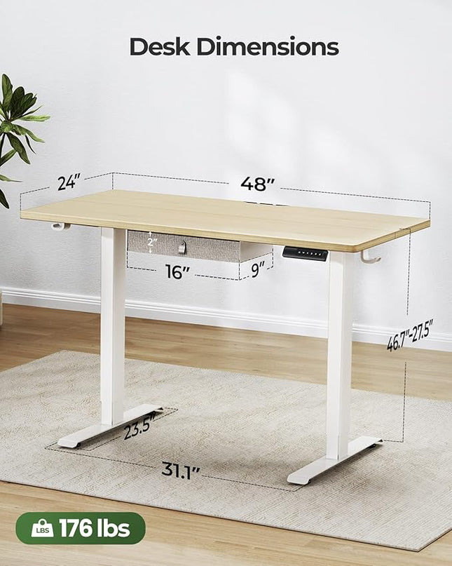 Marsail Standing Desk with Drawer, 48x24 Inch Adjustable Height Standing Desk, Electric Stand up Desk, Sit Stand Home Office Desk, Ergonomic Workstation for Home Office Computer Gaming Desk Maple - LeafyLoom