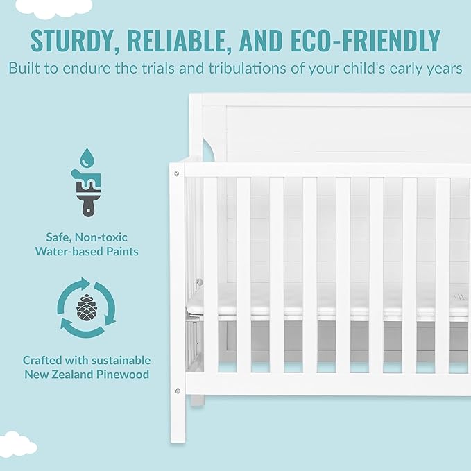 Bellport 4 in 1 Convertible Mini/Portable Crib In White, Non-Toxic Finish, Made of Sustainable New Zealand Pinewood, With 3 Mattress Height Settings - LeafyLoom