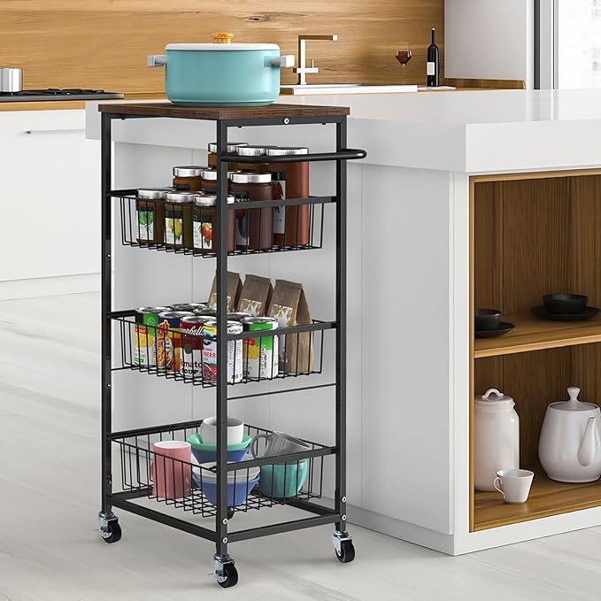 Kitchen Storage Cart on Wheels 4 Tier Utility Rolling Cart with Baskets Farmhouse Serving Cart with Handle Mesh Basket Pantry Cart Rack with Wooden Tabletop for Pantry Bathroom Office, Brown - LeafyLoom