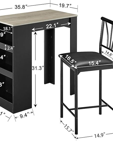VECELO Small Bar Table and Chairs Tall Kitchen Breakfast Nook with Stools/Dining Set for 2, Storage Shelves, Space-Saving, Gray - LeafyLoom