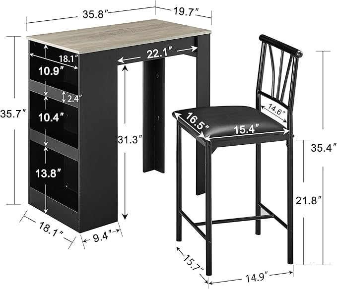 VECELO Small Bar Table and Chairs Tall Kitchen Breakfast Nook with Stools/Dining Set for 2, Storage Shelves, Space-Saving, Gray - LeafyLoom