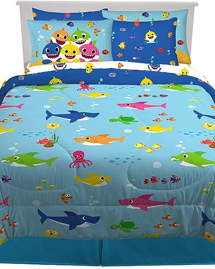 Franco Kids Bedding Super Soft Comforter and Sheet Set with Sham, 7 Piece Full Size, Baby Shark - LeafyLoom