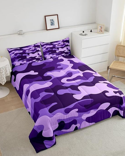 Queen Size Camouflage Comforter Set 3Pcs Kids Bedding Set for Boys Girls Teens 1 Comforter & 2 Pillowcases(Queen,Purple) Boys - LeafyLoom