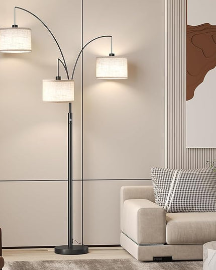SUNMORY 3 Lights Floor Lamp for Living Room, 78" Tall Standing Lamp with Hanging Drum Shade, Modern Arc Floor Lamps with Heavy Base, Mid Century Arched Tree Floor Lamp for Bedroom, Office, Corner - LeafyLoom