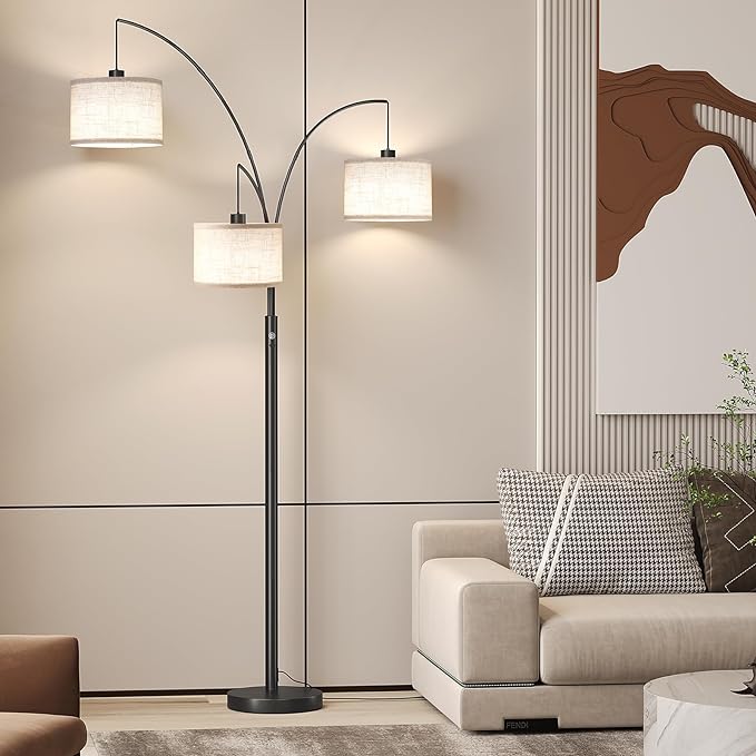 SUNMORY 3 Lights Floor Lamp for Living Room, 78" Tall Standing Lamp with Hanging Drum Shade, Modern Arc Floor Lamps with Heavy Base, Mid Century Arched Tree Floor Lamp for Bedroom, Office, Corner - LeafyLoom