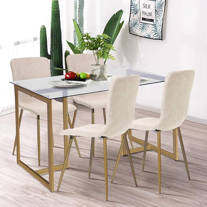 FurnitureR 47" Modern Rectangular Spacious Tempered Glass Tabletop & Gold Base Elegant Home Kitchen Room Dining Table, Gold - LeafyLoom