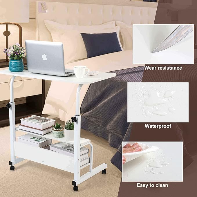 Adjustable White Home Office Desk with Storage and Detachable Wheels - 15.7 x 31.5 Inch - LeafyLoom