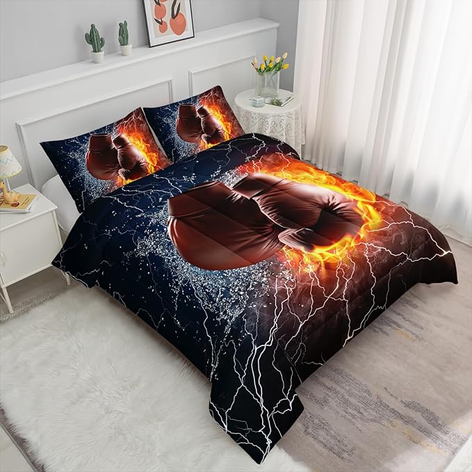 Axolotl Boxing Bedding Set Queen,Sports Theme Comforter Set Boxing Gloves Pattern Bedding Set,Red Blue Cool Lightning Comforter Pugilism Games Bedding Set For Kids Boys Teens Men,1 Quilt 2 Pillowcases - LeafyLoom