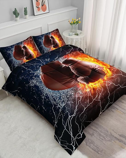 Axolotl Boxing Bedding Set Full,Sports Theme Comforter Set Boxing Gloves Pattern Bedding Set,Red Blue Cool Lightning Comforter Pugilism Games Bedding Set for Kids Boys Teens Men,1 Quilt 2 Pillowcases - LeafyLoom
