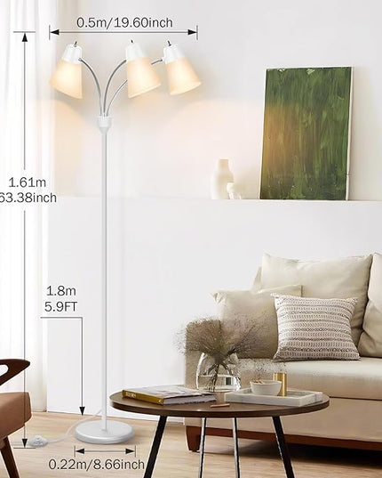 FOLKSMATE LED Floor Lamp, Medusa 3 Head Modern Adjustable Gooseneck Tall Standing Light for Living/Kids Room, Bedroom, White - LeafyLoom