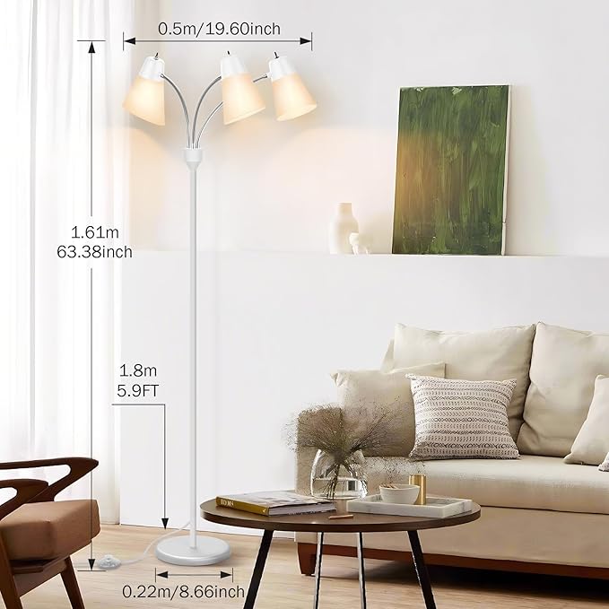 FOLKSMATE LED Floor Lamp, Medusa 3 Head Modern Adjustable Gooseneck Tall Standing Light for Living/Kids Room, Bedroom, White - LeafyLoom