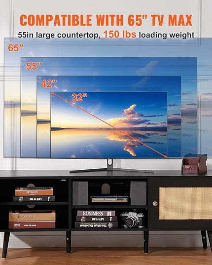 VEVOR Rattan TV Stand for 65 inch TV, Boho TV Stand with Rattan Door, Entertainment Center with Build-in Socket and USB Ports, Modern TV Console for Living Room, Media Room, Black - LeafyLoom