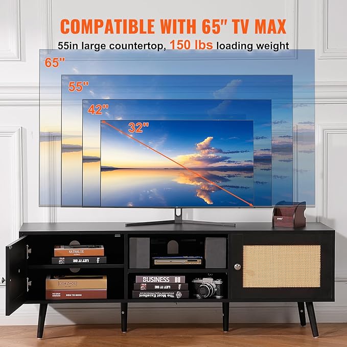VEVOR Rattan TV Stand for 65 inch TV, Boho TV Stand with Rattan Door, Entertainment Center with Build-in Socket and USB Ports, Modern TV Console for Living Room, Media Room, Black - LeafyLoom