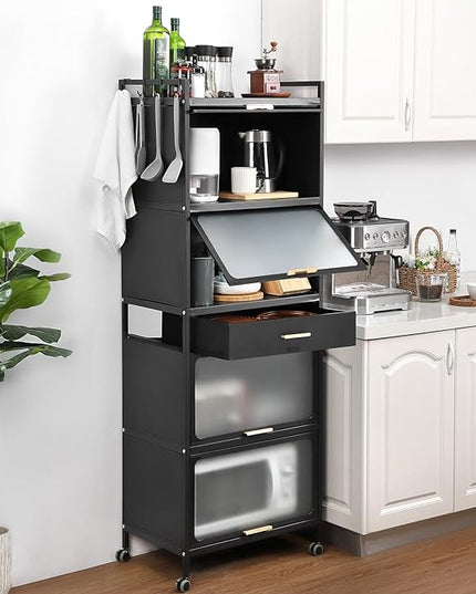 Kitchen Pantry Cabinet, 5 Tiers Freestanding Buffet Cupboards Sideboard with Brakeable Casters, Kitchen Pantry Storage Cabinet for Kitchen, Living Room and Dinning Room - LeafyLoom