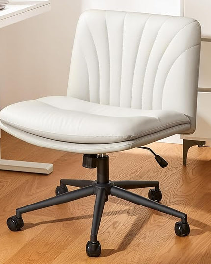 Marsail Armless-Office Desk Chair with Wheels: PU Leather Cross Legged Wide Chair,Comfortable Adjustable Swivel Computer Task Chairs for Home,Office,Make Up,Small Space,Bed Room(Beige) - LeafyLoom