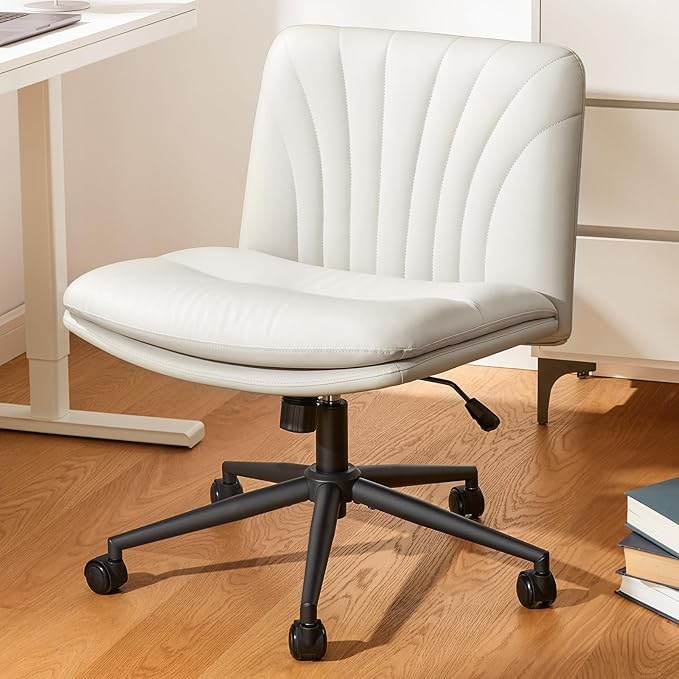Marsail Armless-Office Desk Chair with Wheels: PU Leather Cross Legged Wide Chair,Comfortable Adjustable Swivel Computer Task Chairs for Home,Office,Make Up,Small Space,Bed Room(Beige) - LeafyLoom