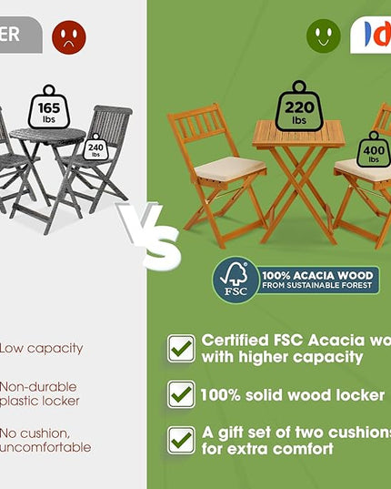 Heavy Duty 400lbs Capacity Patio Bistro Set 3 Piece Outdoor, Folding Chairs w/Cushion, Square Table-Upgrade 2024 - LeafyLoom