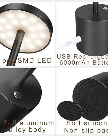 Cordless Table Lamp, Rechargeable LED Battery 6000mAh Metal USB Portable Powered Desk Lamp, 3 Levels Brightness Light for Restaurants Outdoor (13.25in Black) - LeafyLoom