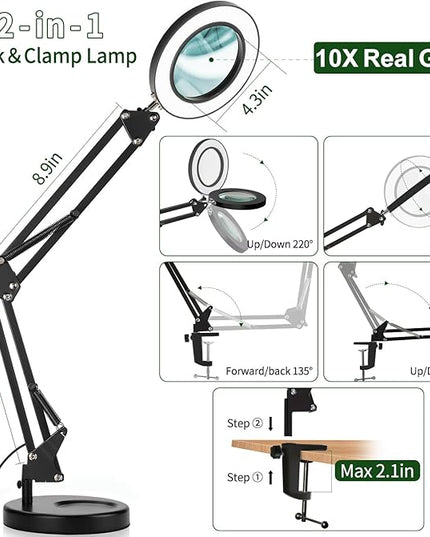 Magnifying Glass with Light and Stand, 10X Magnifying Lamp, 2-in-1 Desk Lamp with Clamp,3 Color Modes & Stepless Dimmable, LED Lighted Magnifier for Reading, Crafts, Repair Work (Black) - LeafyLoom