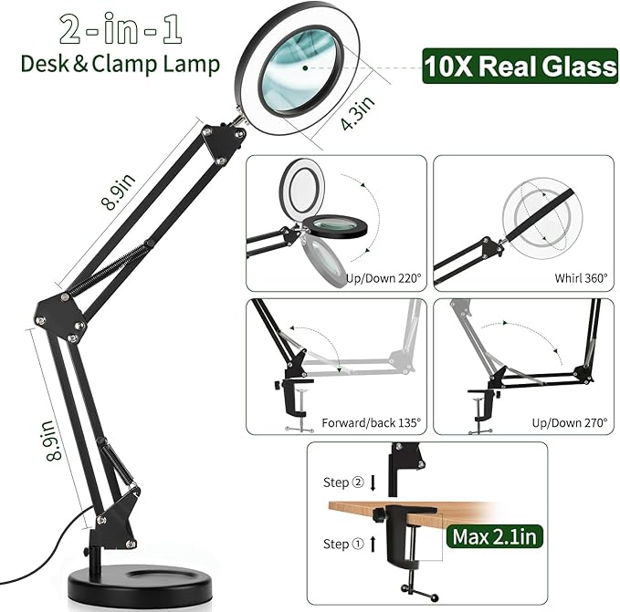Magnifying Glass with Light and Stand, 10X Magnifying Lamp, 2-in-1 Desk Lamp with Clamp,3 Color Modes & Stepless Dimmable, LED Lighted Magnifier for Reading, Crafts, Repair Work (Black) - LeafyLoom
