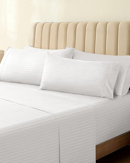 LuxClub 7 PC Split King Size Sheet Set Bed Sheets, Breathable Luxury Bed Sheets, Deep Pockets 18" Wrinkle Free Cooling Bed Sheets Machine Washable Hotel Bedding (Split King, Striped White) - LeafyLoom