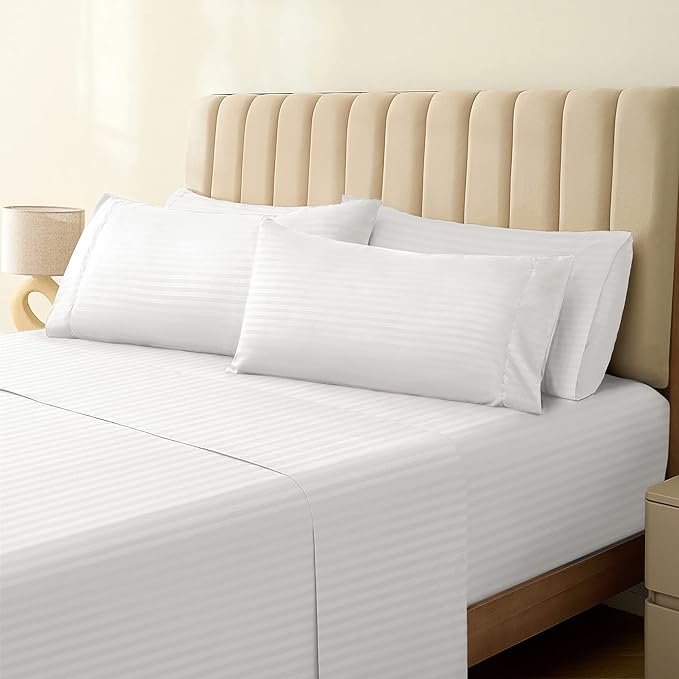 LuxClub 7 PC Split King Size Sheet Set Bed Sheets, Breathable Luxury Bed Sheets, Deep Pockets 18" Wrinkle Free Cooling Bed Sheets Machine Washable Hotel Bedding (Split King, Striped White) - LeafyLoom