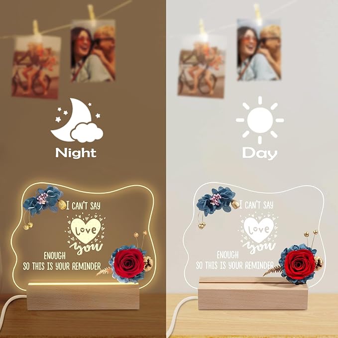 Yamonic Valentines Day Gifts for Her, Handmade Acrylic Plaque with Eternal Real Rose, Night Light with Preserved Rose Romantic Gifts for Girlfriend Wife Women (Reminder) - LeafyLoom