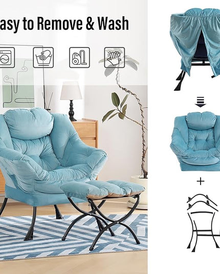 Lazy Chair with Ottoman, Modern Chair with Folding Footrest, Lounge Accent Chair, Comfortable Reading Chair (Light Blue) - LeafyLoom