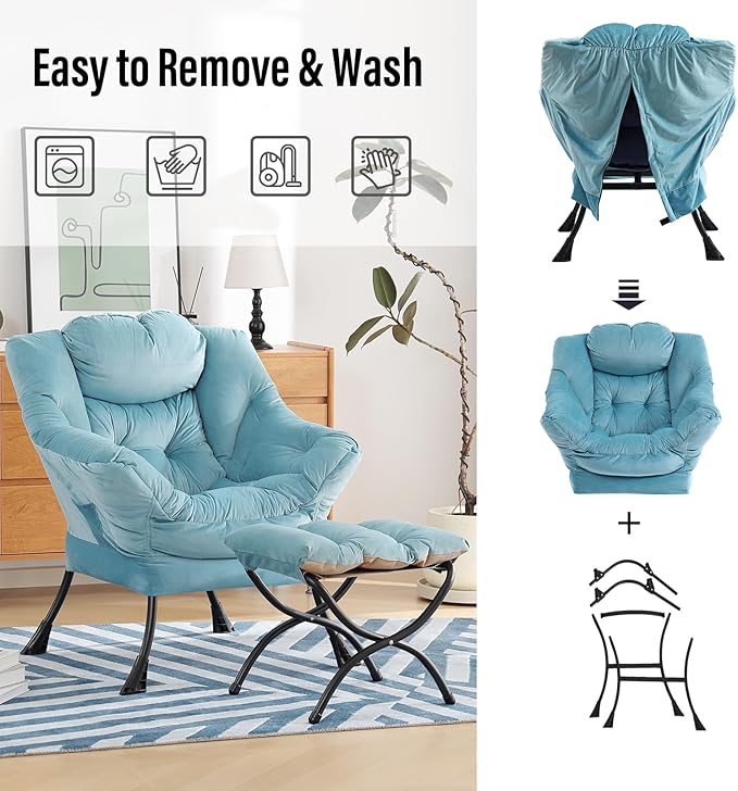 Lazy Chair with Ottoman, Modern Chair with Folding Footrest, Lounge Accent Chair, Comfortable Reading Chair (Light Blue) - LeafyLoom