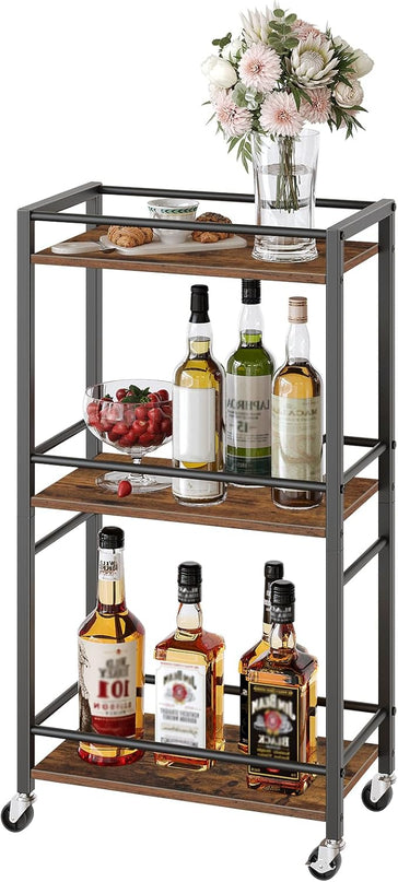 Rolling Cart, Mobile Kitchen Cart on Wheels, Narrow Storage Cart for Small Space, Wooden Service Cart, for Bathroom, Laundry, Living Room, Rustic Brown RCHR4001 - LeafyLoom