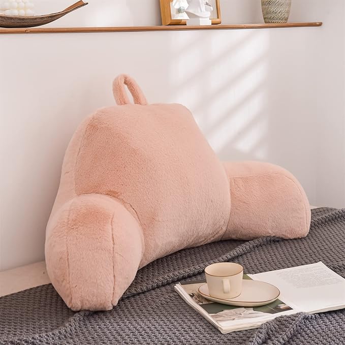 A Nice Night Faux Fur Reading Pillow Bed Wedge Large Adult Children Backrest with Arms Back Support for Sitting Up in Bed/Couch for Bedrest,Pink - LeafyLoom
