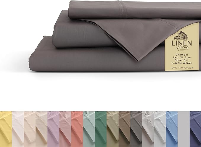 100% Cotton Percale Sheets California King Size, Charcoal, Deep Pocket, 4 Pieces Sheet Set - 1 Flat, 1 Deep Pocket Fitted Sheet and 2 Pillowcases, Crisp Cool and Strong Bed Linen - LeafyLoom