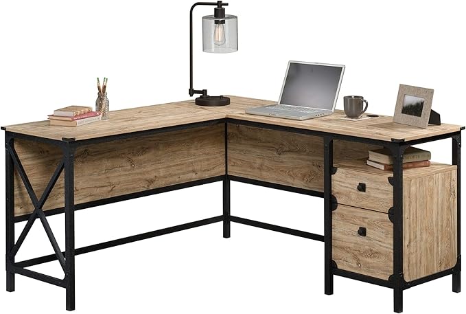 Sauder Steel River L-Shaped Desk, L: 59.84" x W: 57.32" x H: 29.53", Milled Mesquite Finish - LeafyLoom