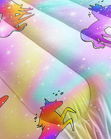 Datura home Unicorn Rainbow Comforter Bedding Set for Girls Kids Children Teens,Sky Glitter Star Colorful Bedding Set with 1 Comforter and 2 Pillowcases(Unicorn3 Queen) - LeafyLoom