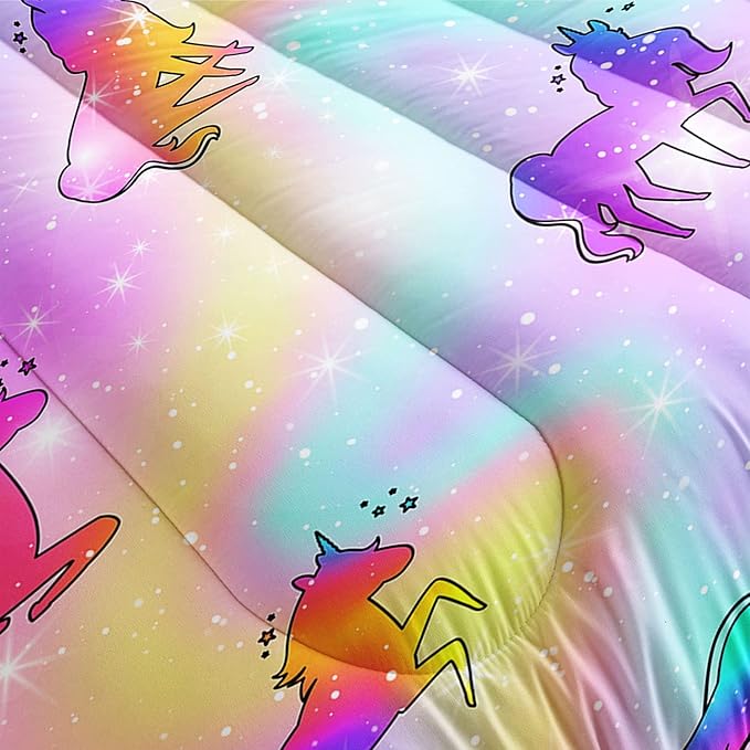 Datura home Unicorn Rainbow Comforter Bedding Set for Girls Kids Children Teens,Sky Glitter Star Colorful Bedding Set with 1 Comforter and 2 Pillowcases(Unicorn3 Twin) - LeafyLoom