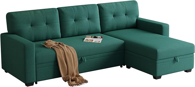 82" Sectional Small Pull Out Bed,L-Shape Upholstered Sleeper Couch W/Storage Chaise,Tufted Backrest Design,3 Seat Linen Convertible Sofas for Living Room Apartment Office,Green, Green5 - LeafyLoom