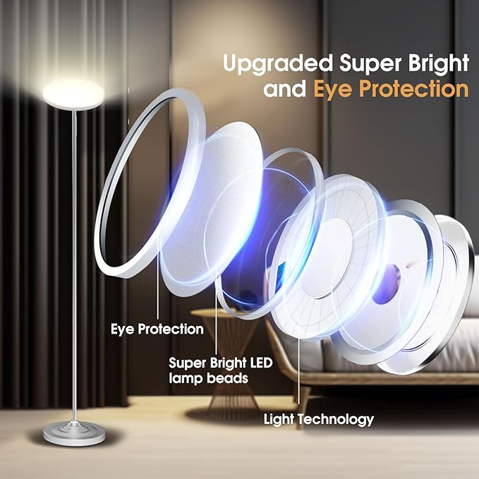 Floor Lamp, 36W/3600LM Super Bright Floor Lamp with Remote Control, Stepless Adjust Color Temperatures & Brightness, Torchiere Standing Lamp for Living Room Bedroom Office - LeafyLoom