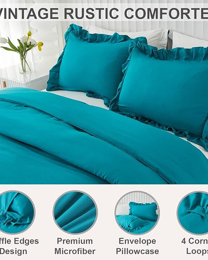 Andency Turquoise King Comforter Set(104x90Inch), 3 Pieces(1 Ruffle Comforter and 2 Pillowcases) Lightweight and Fluffy Bedding Comforter Set, All Season Soft Microfiber Shabby Chic Bedding Set - LeafyLoom